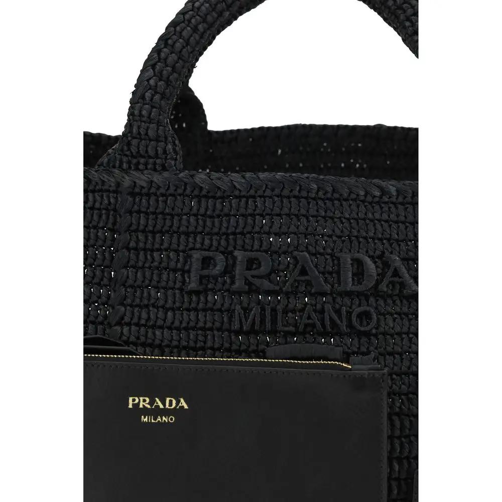 Prada Black Viscose Handbag, woven texture, front view