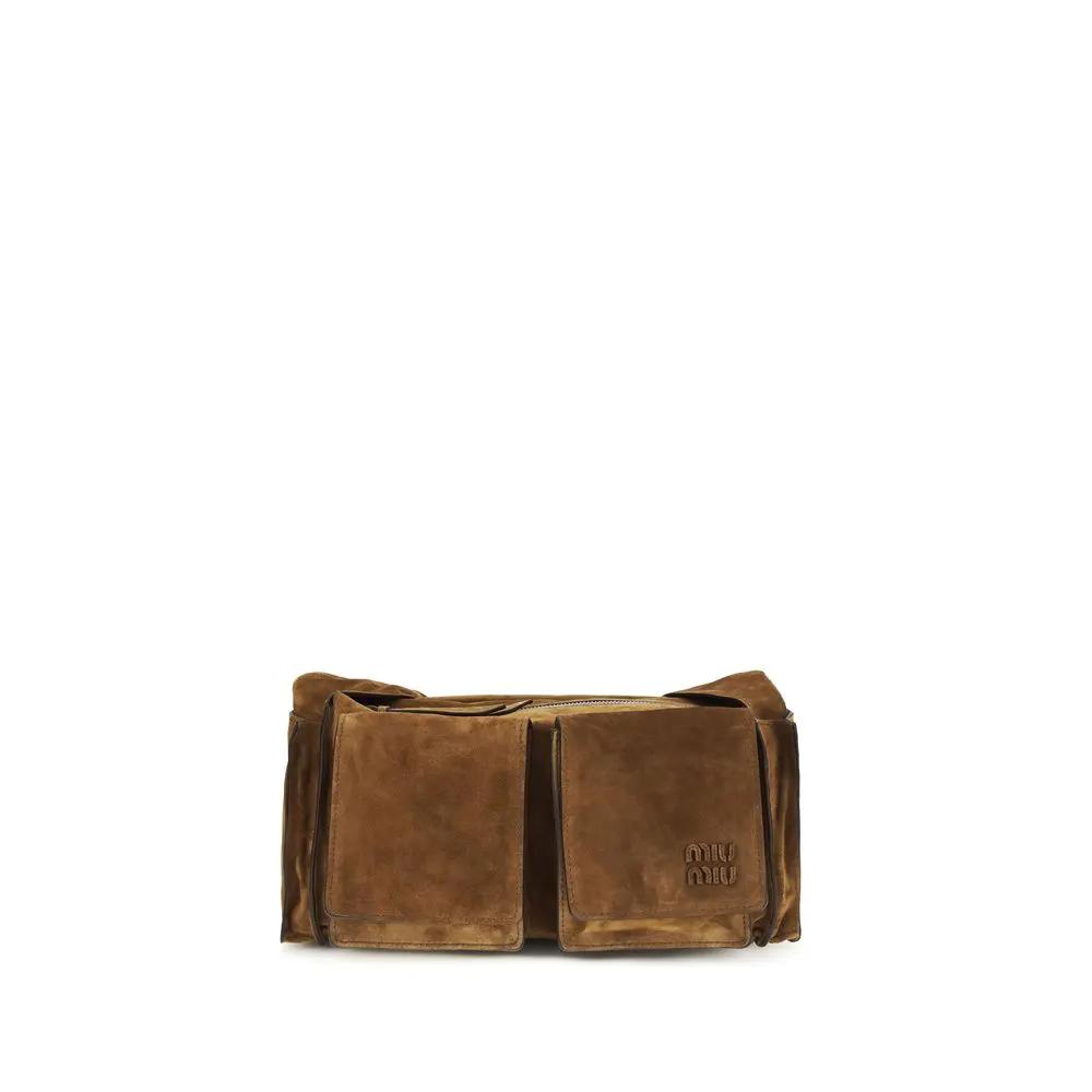 Miu Miu The Utilitaire suede shoulder bag in brown, front view