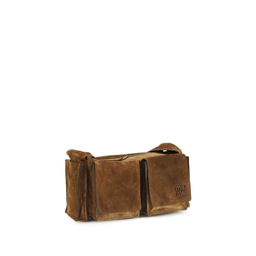 Miu Miu The Utilitaire suede shoulder bag, tan color, front view