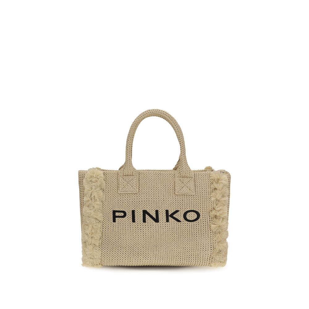 PINKO Beige Raffia Shoulder Bag with logo front view