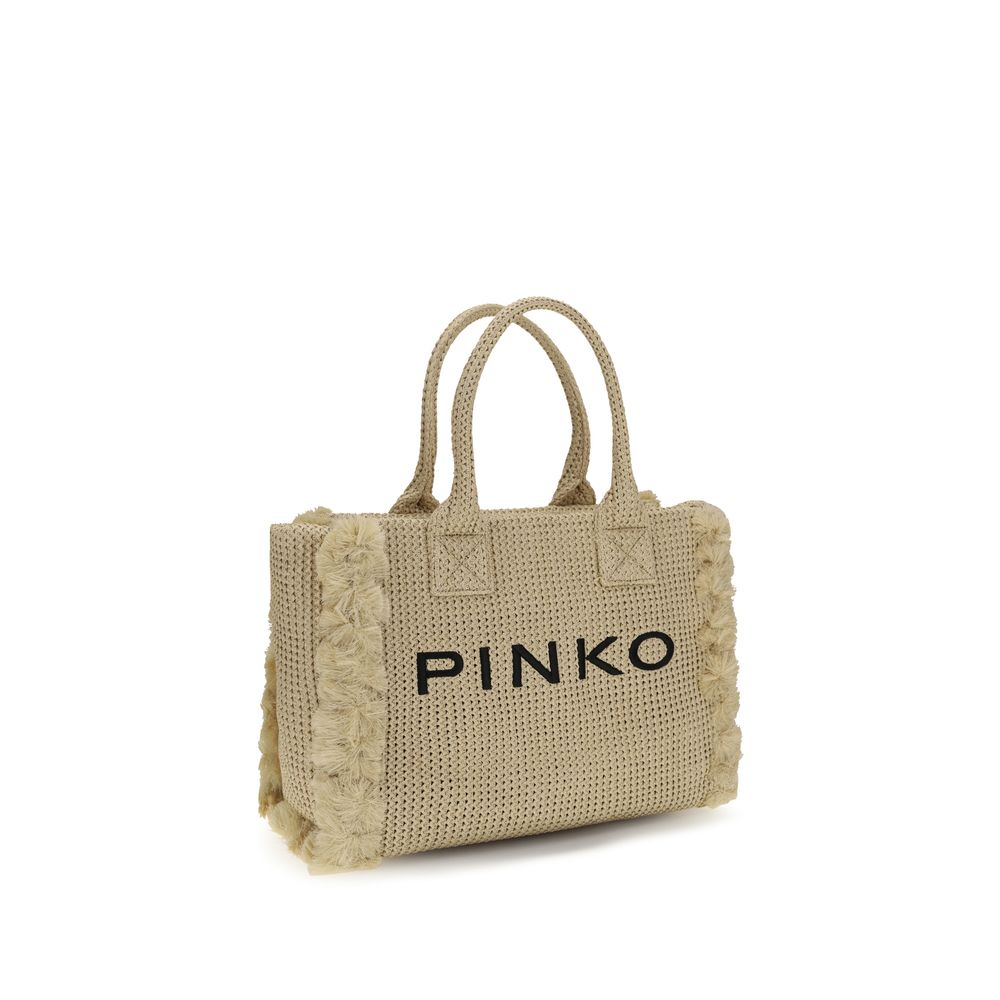 PINKO Beige Raffia Shoulder Bag with two handles, logo detail front view