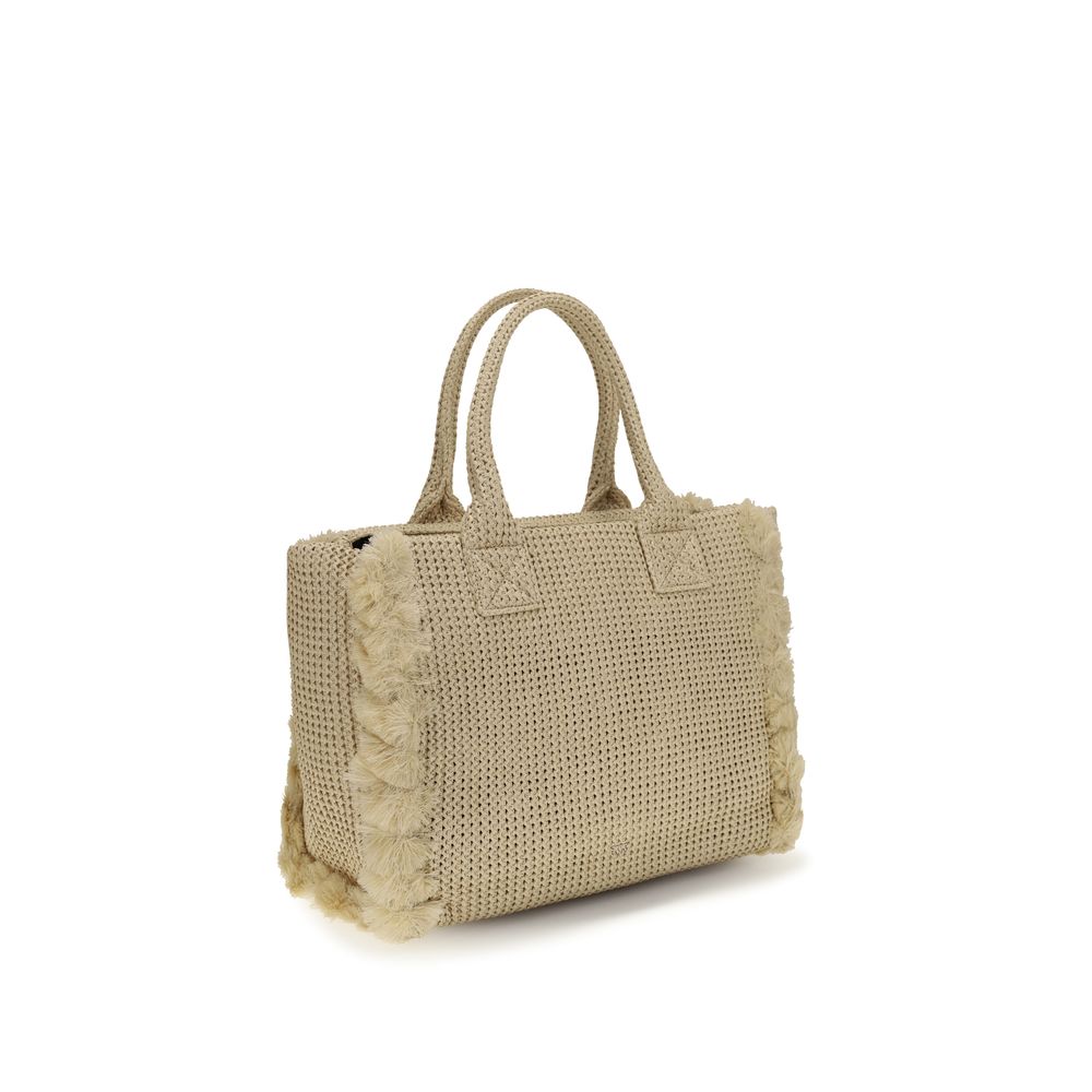 PINKO Beige Raffia Shoulder Bag with fringe; raffia material, beige color, front view