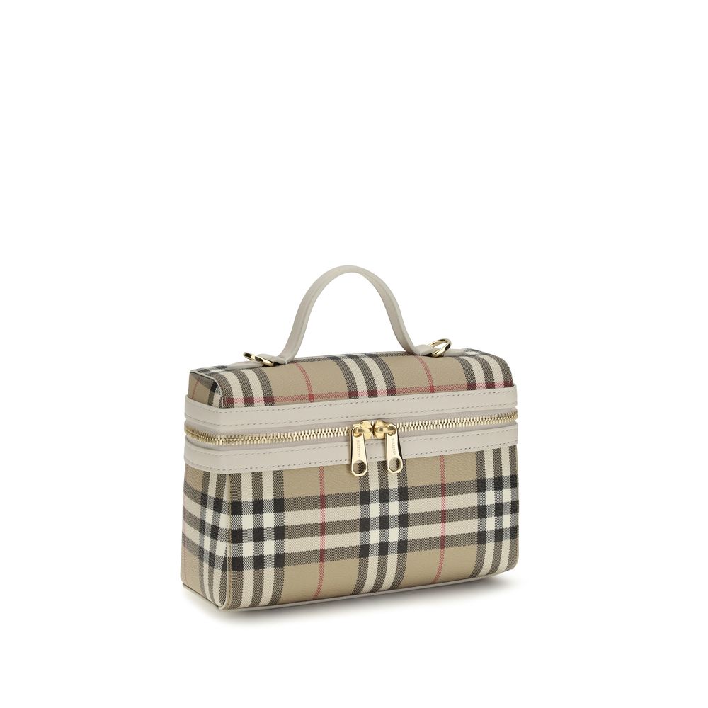 Burberry Multicolor Polyethylene Shoulder Bag in beige plaid with gold hardware, top handle, twin zippers, front view