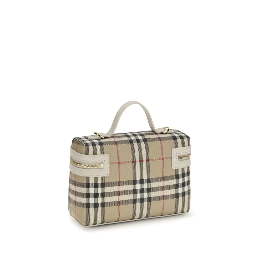 Burberry Multicolor Polyethylene Shoulder Bag, beige plaid fabric with white leather trim, three-quarter front view