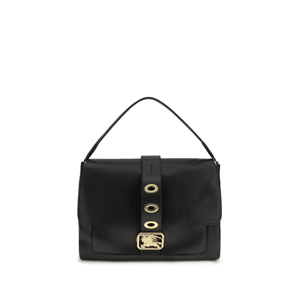 Burberry Aries Shoulder Bag, black lamb leather, gold hardware, front view.