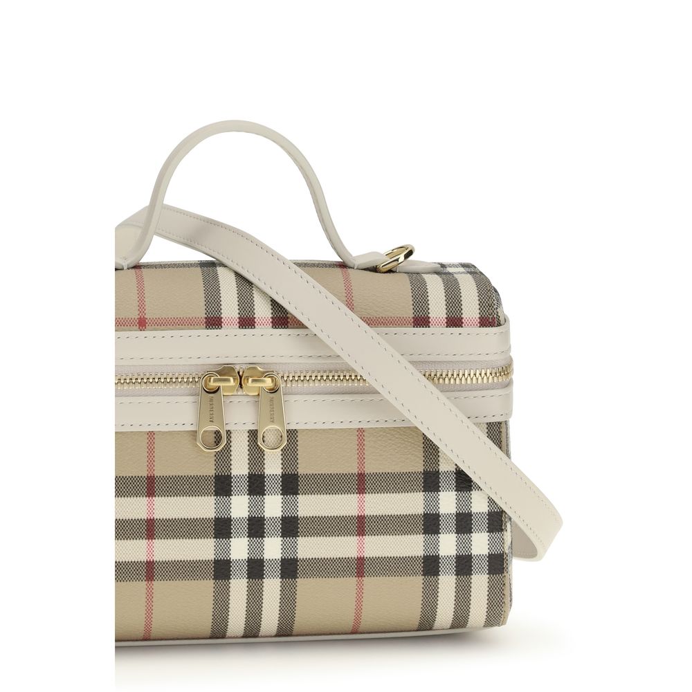 Burberry Multicolor polyethylene shoulder bag, beige plaid with white leather trim, front view