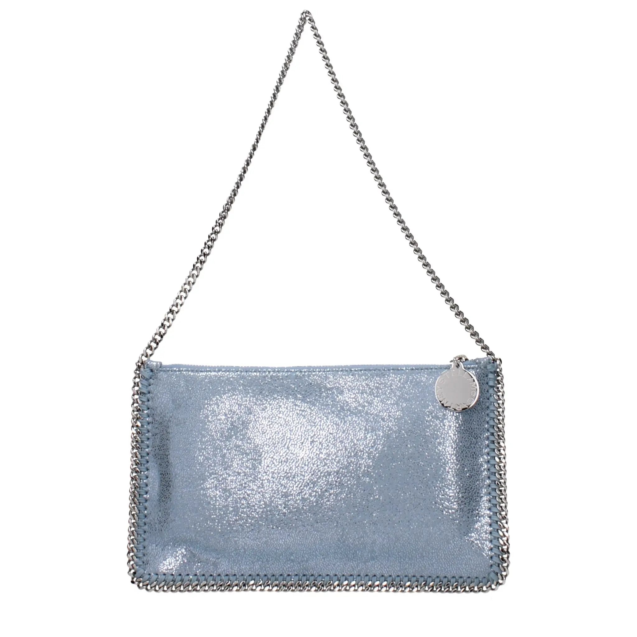 Stella McCartney light blue metallic leather shoulder bag with silver chain edging front view