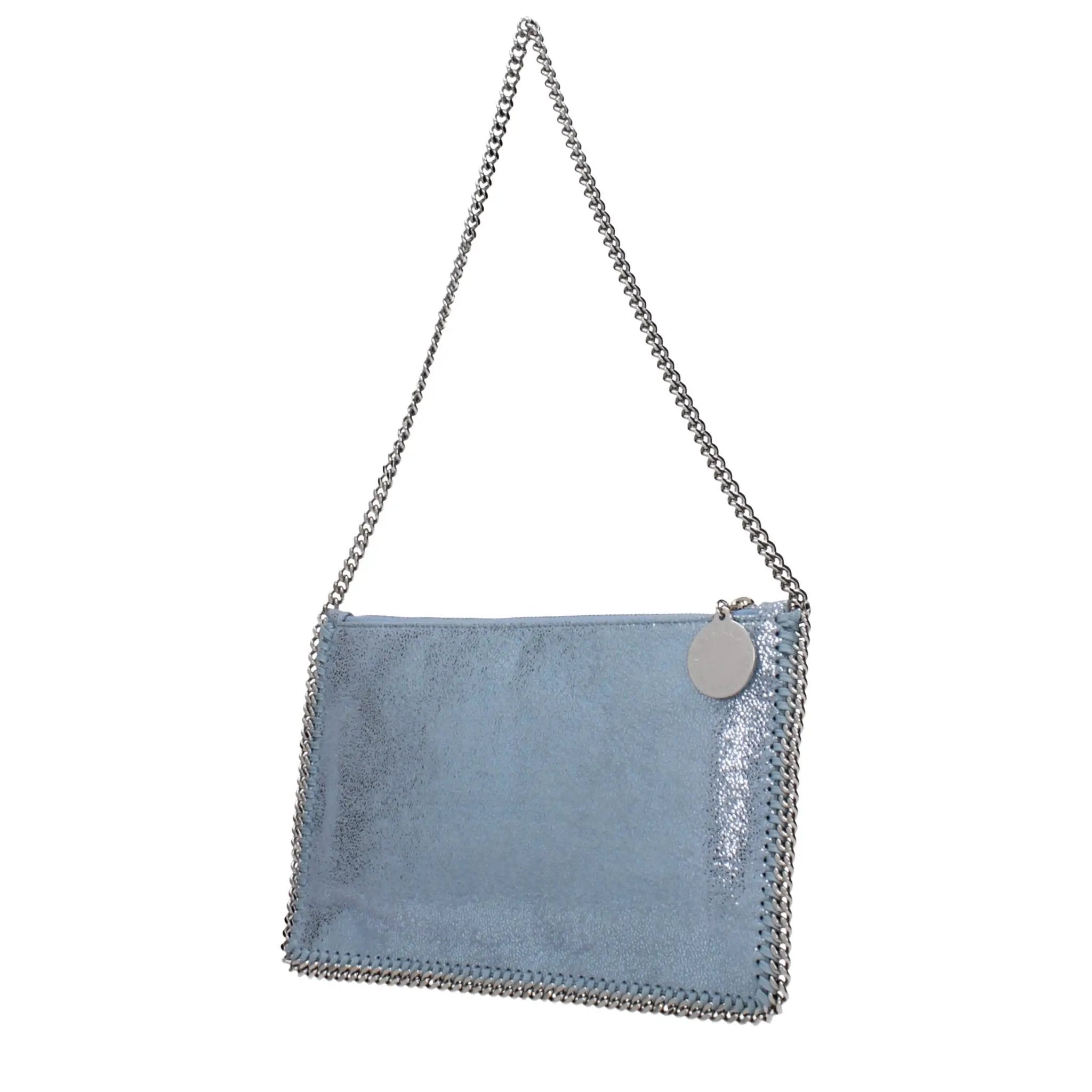Stella McCartney light blue leather shoulder bag with chain trim, front view