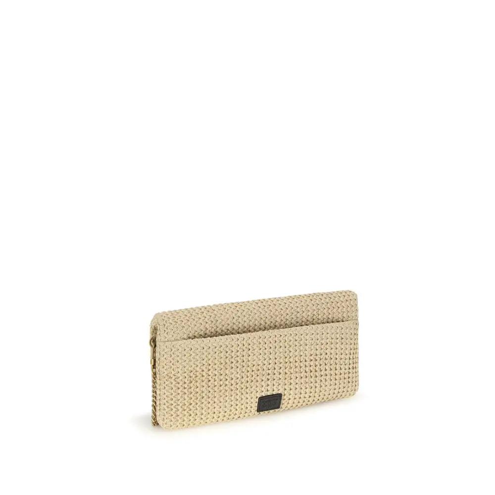 PINKO Beige polypropylene shoulder bag, woven texture with logo plaque, front view