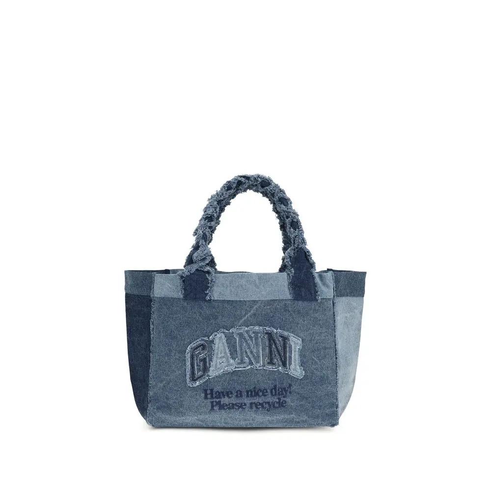 Ganni Blue Cotton Shoulder Bag, cotton denim, blue, front view