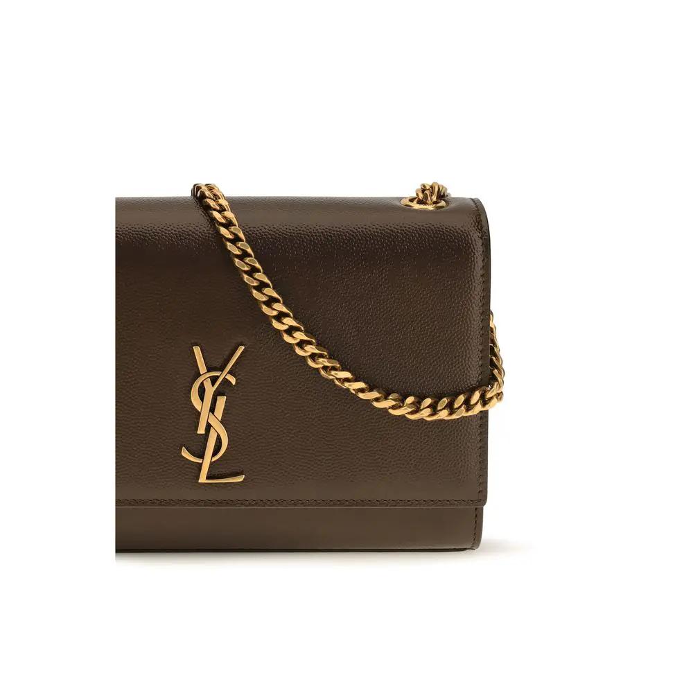 Saint Laurent Bos Taurus Shoulder Bag brown calf leather with gold-tone chain, front view.