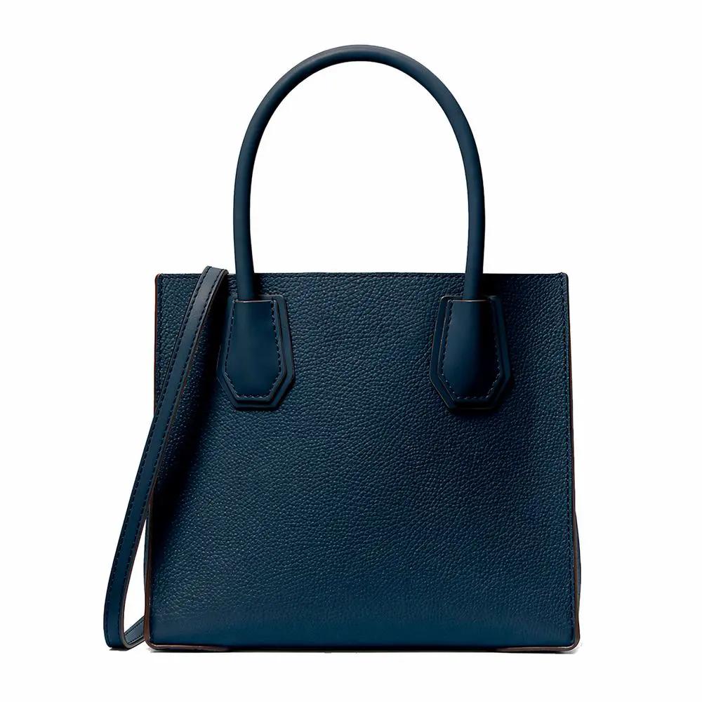Michael Kors Blue Fur Handbag, blue pebbled leather top-handle handbag, front view