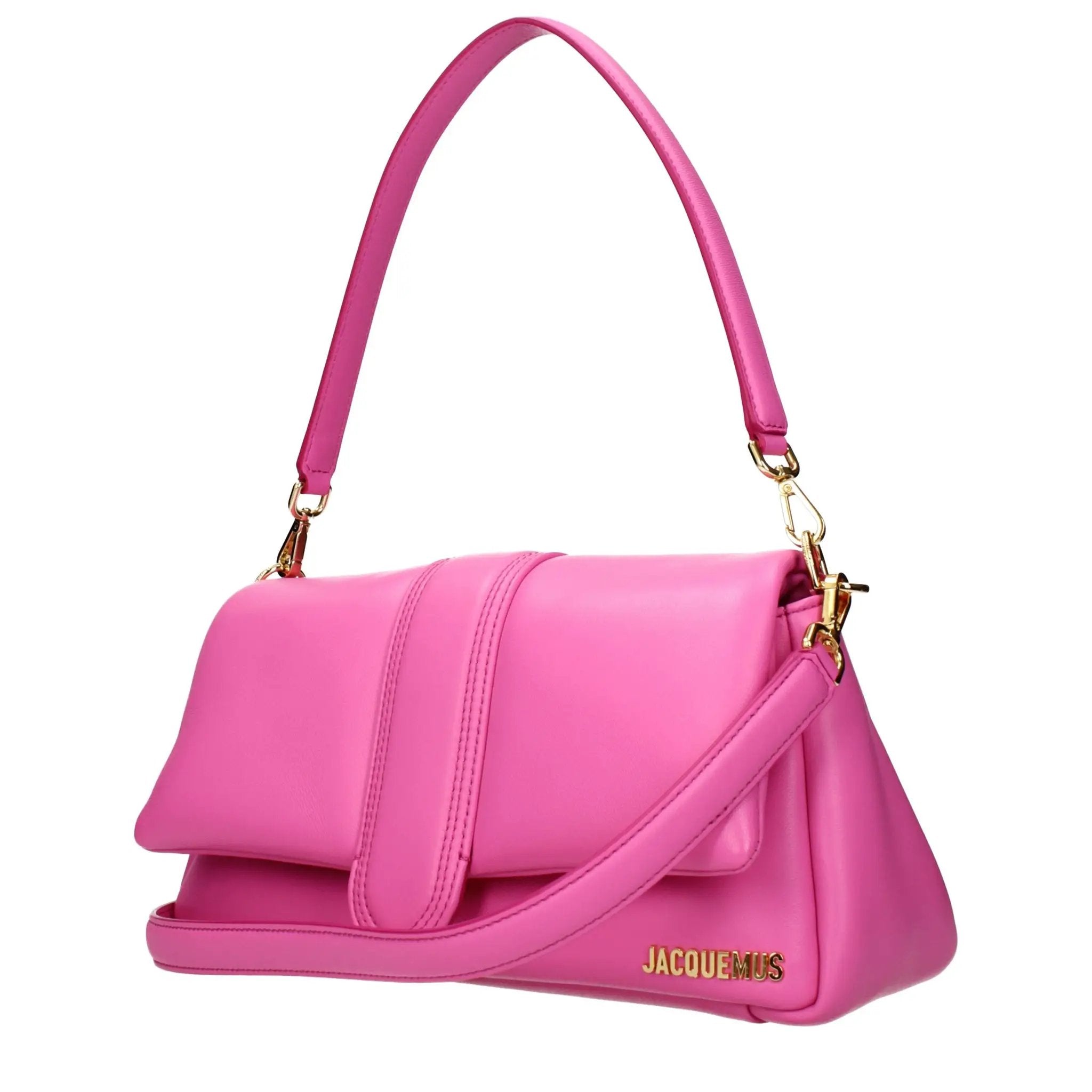 Jacquemus Pink Leather Shoulder Bag with gold-tone hardware, textured strap front view