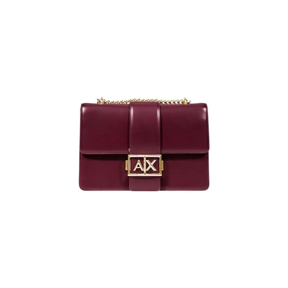 Armani Exchange Bordeaux polyester handbag, burgundy shoulder bag, gold AX clasp, front view