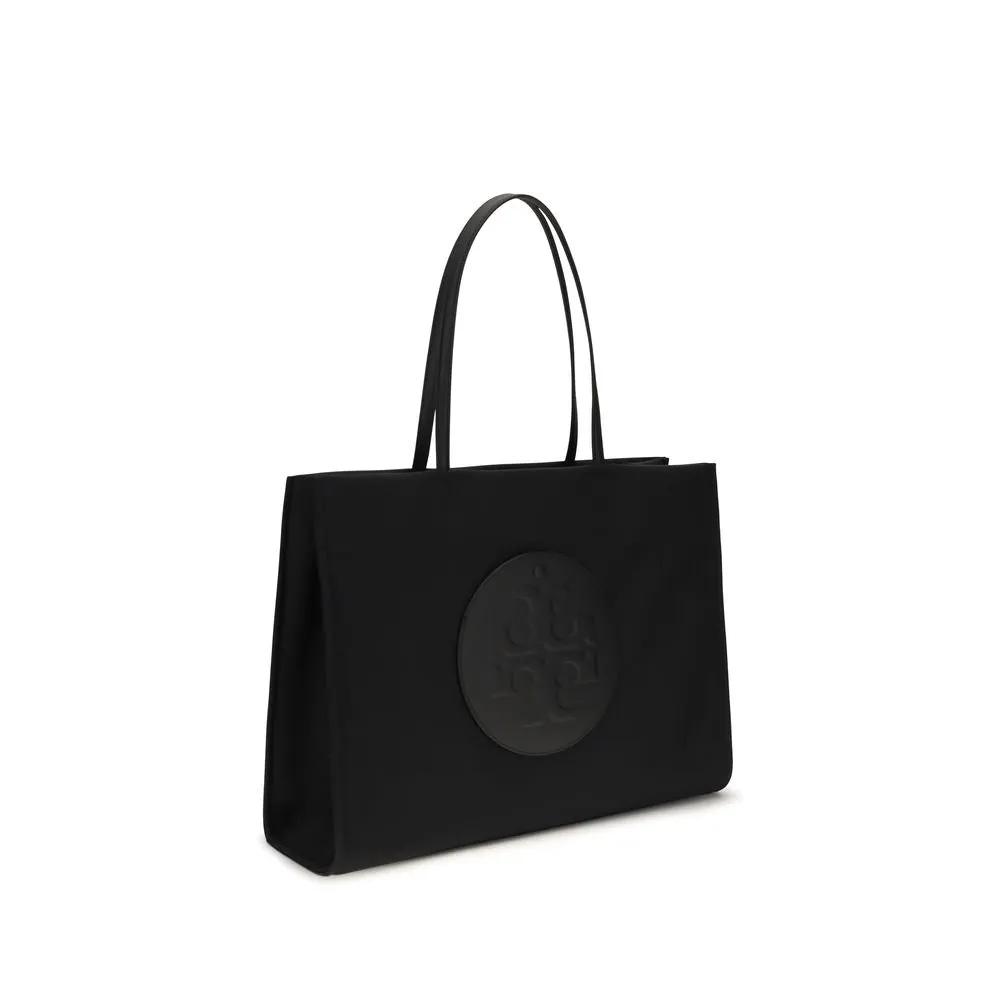 Tory Burch nylon tote bag in black with circular embossed logo patch, front view