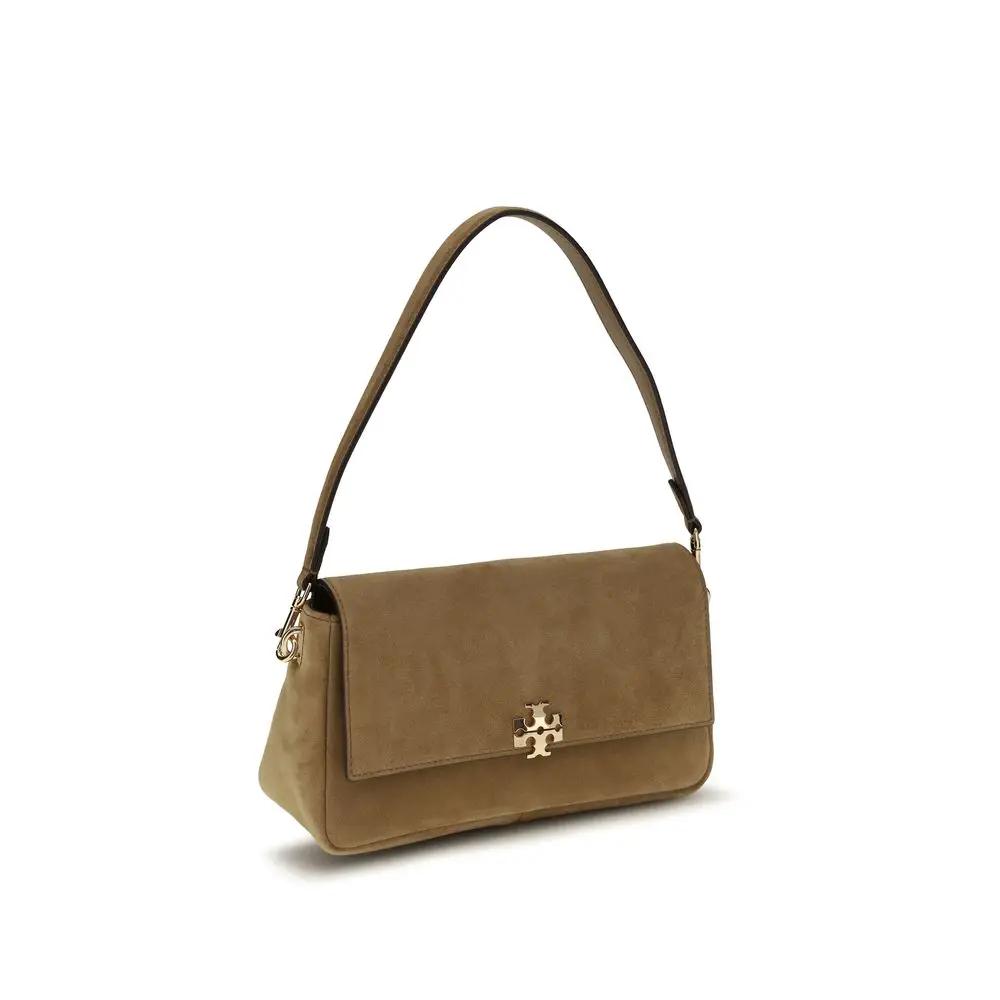 Tory Burch beige suede shoulder bag with gold hardware front view