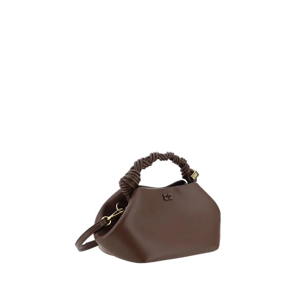 Ganni brown recycled leather handbag with knotted handle side view