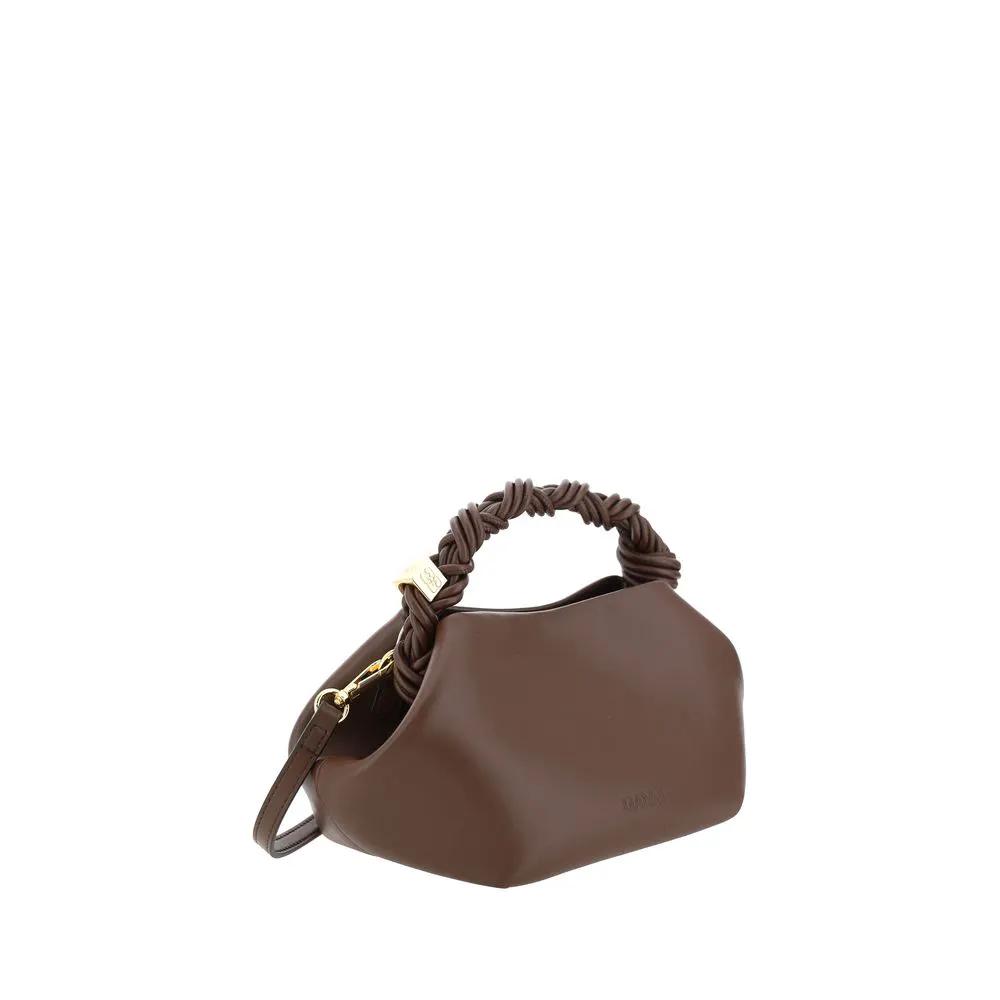 Ganni brown recycled leather handbag, top-handle bag with braided handle, side view