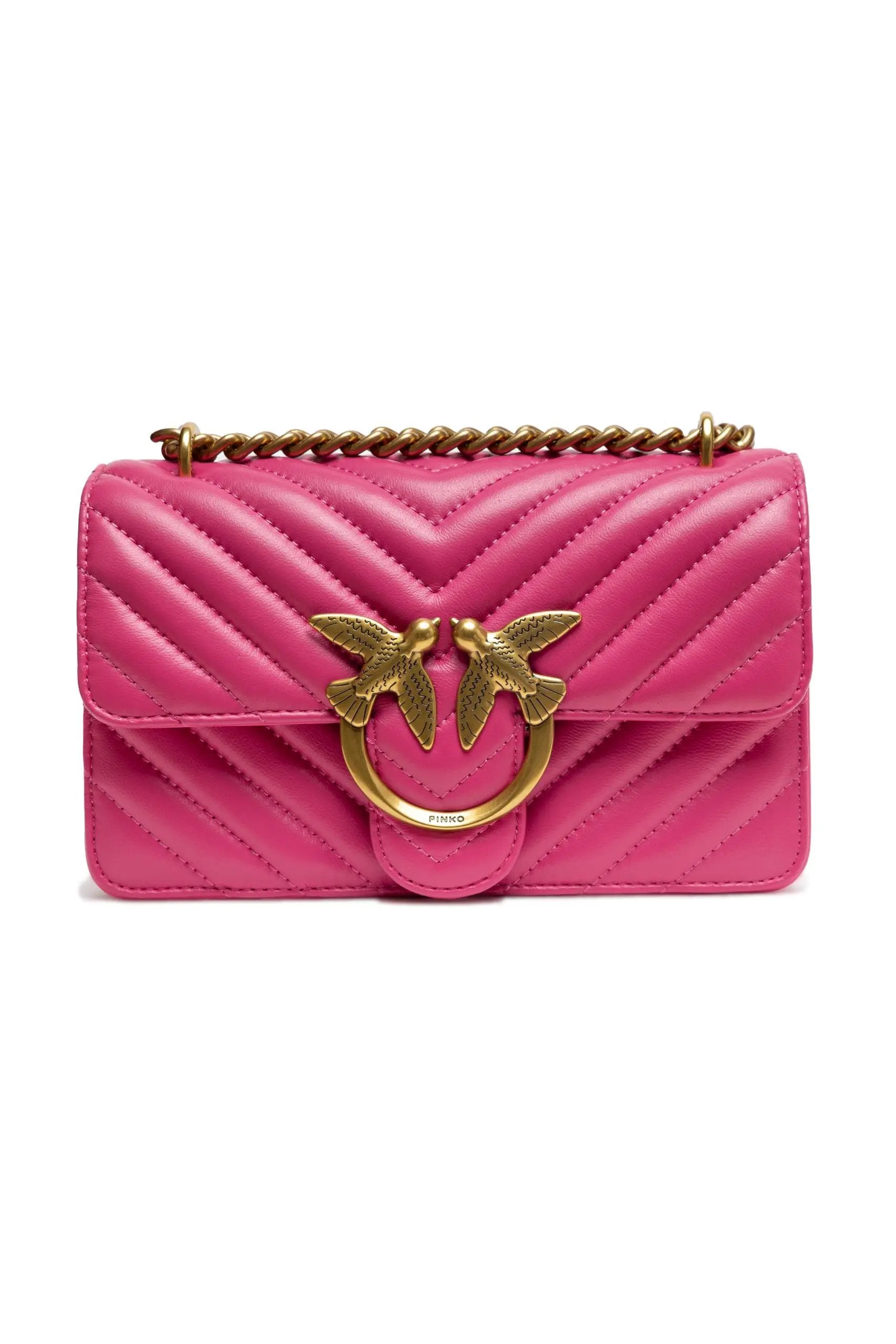 PINKO Love One Mini Shoulder Bag; pink leather, gold chain, front view