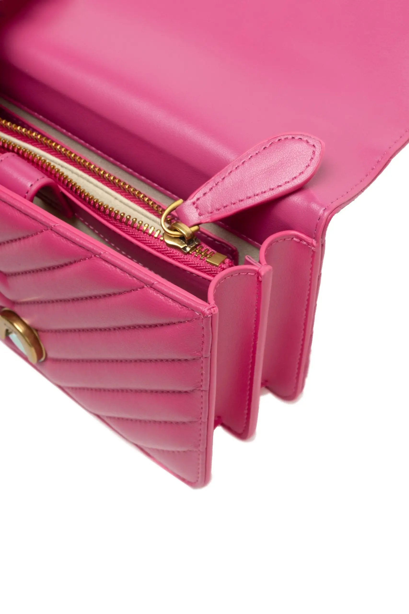 PINKO Pink Leather Love One Mini Shoulder Bag; pink leather, gold hardware; zipper detail close-up view