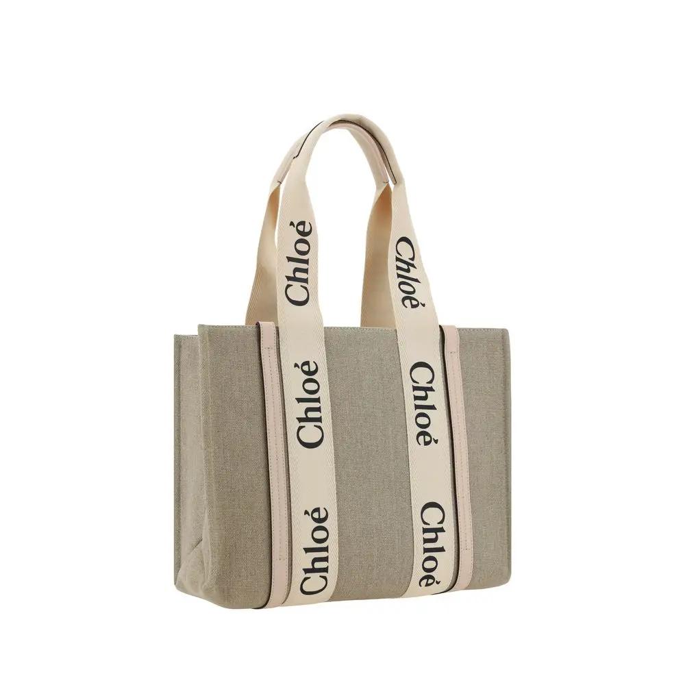 Chloé beige linen handbag tote with cream logo-strap handles, front view