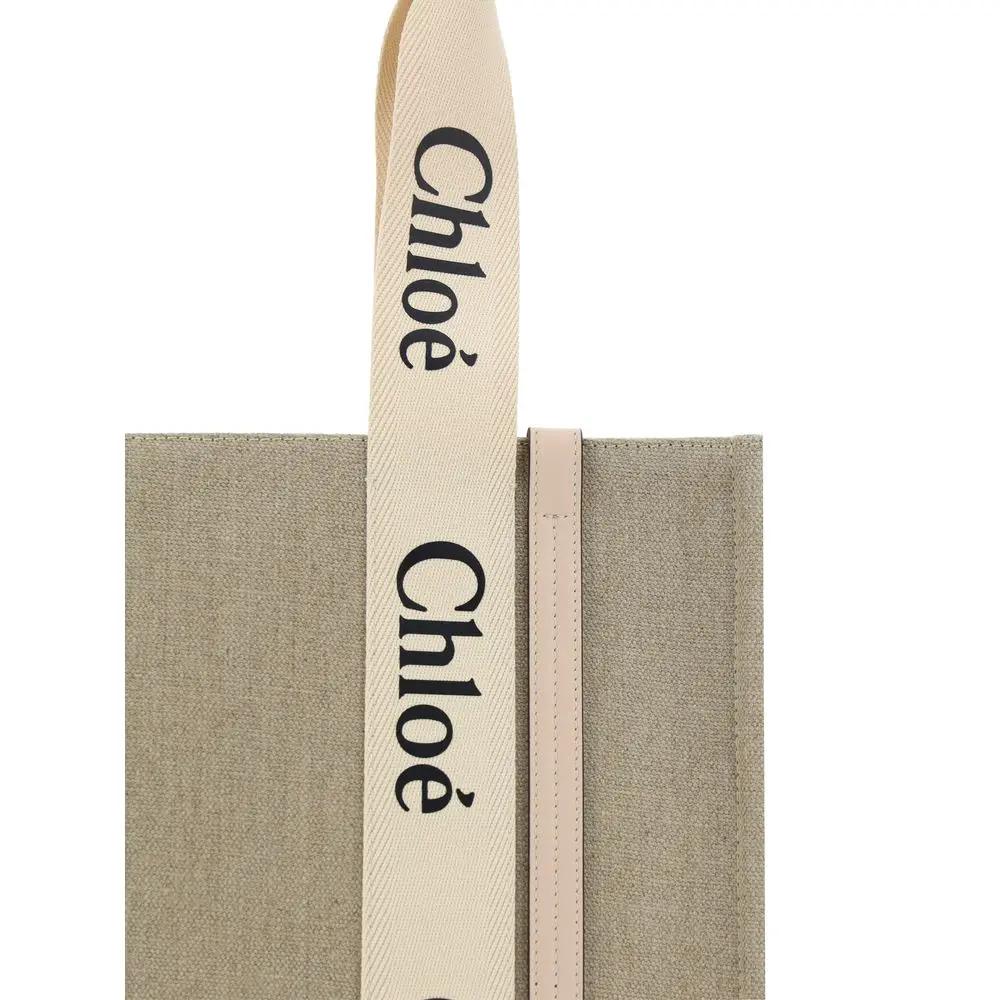 Chloé Beige Linen Handbag with wide logo strap, front view