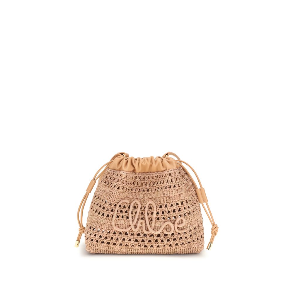 Chloé Beige Raffia Drawstring Shoulder Bag