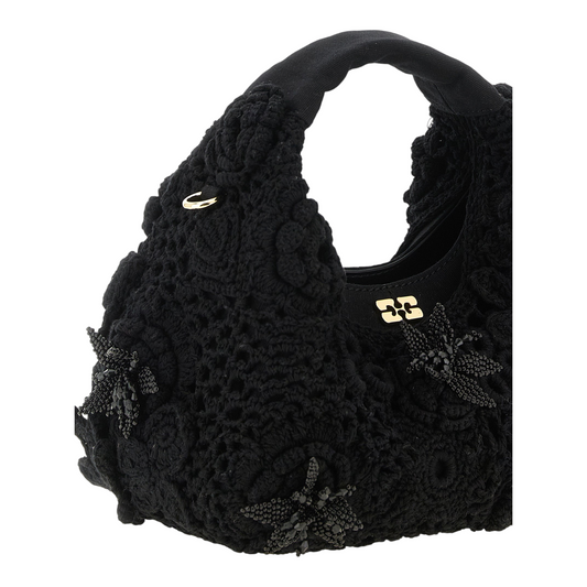 Ganni Mini Hobo Crochet Bolso de Mano Negro Algodón Piel