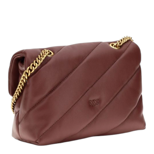 Bolso Love Mini Puff de XT & Co en piel de becerro burdeos acolchada con cadena dorada y cierre Love Birds