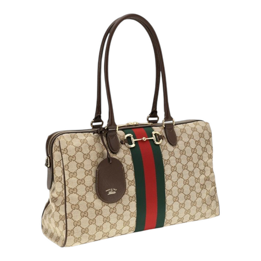 Gucci Large Horsebit Web top Handbag Beige