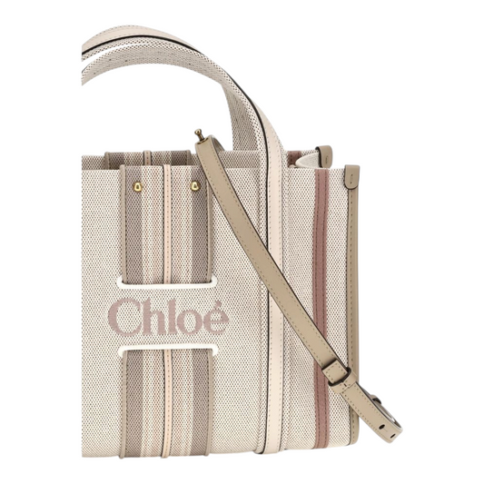 Chloé Small Woody Loop canvas Bolso Tote Rayas Beige