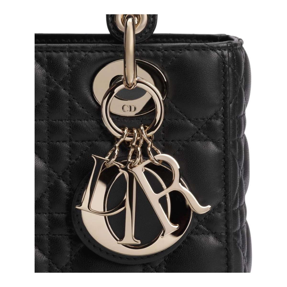 Bolso Lady Dior de XT & Co en piel de cordero negra con charms D.I.O.R. en strass rosa y herrajes dorados