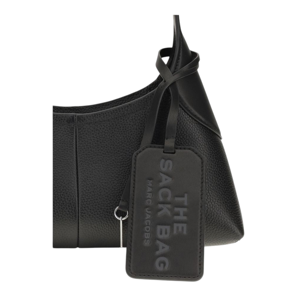 Bolso saco pequeño XT & Co de piel granulada negra con etiqueta de equipaje grande y correa ajustable