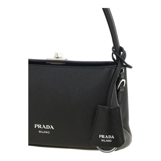 Bolso de mano XT & Co Prada Midi negro en piel Saffiano con asa anudada y cierre de broche plateado