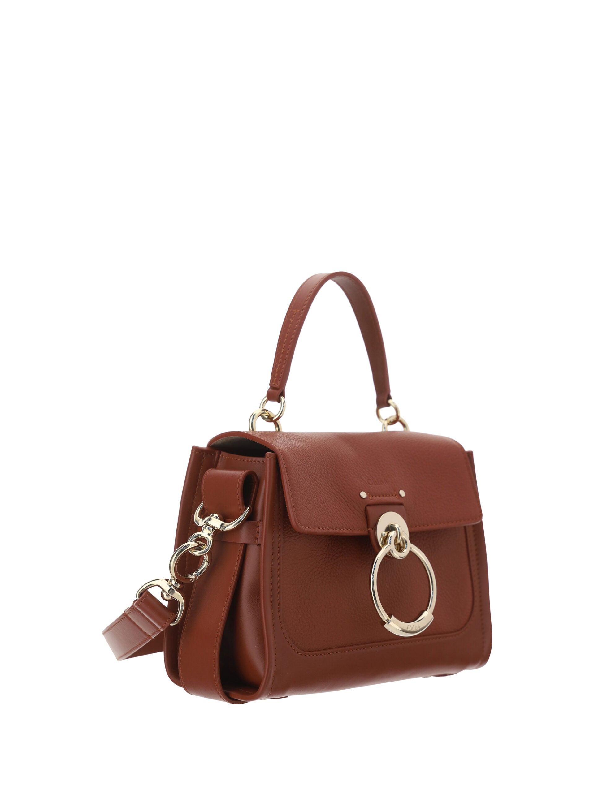 Chloé Tess sepia leather shoulder bag with gold-tone ring hardware, three-quarter view
