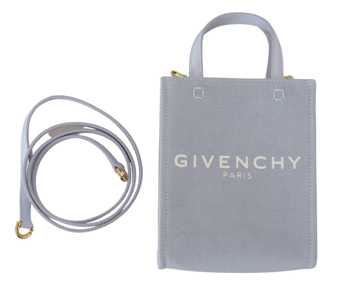Givenchy Cloud Blue Mini G Tote bag, light blue canvas with logo, front view