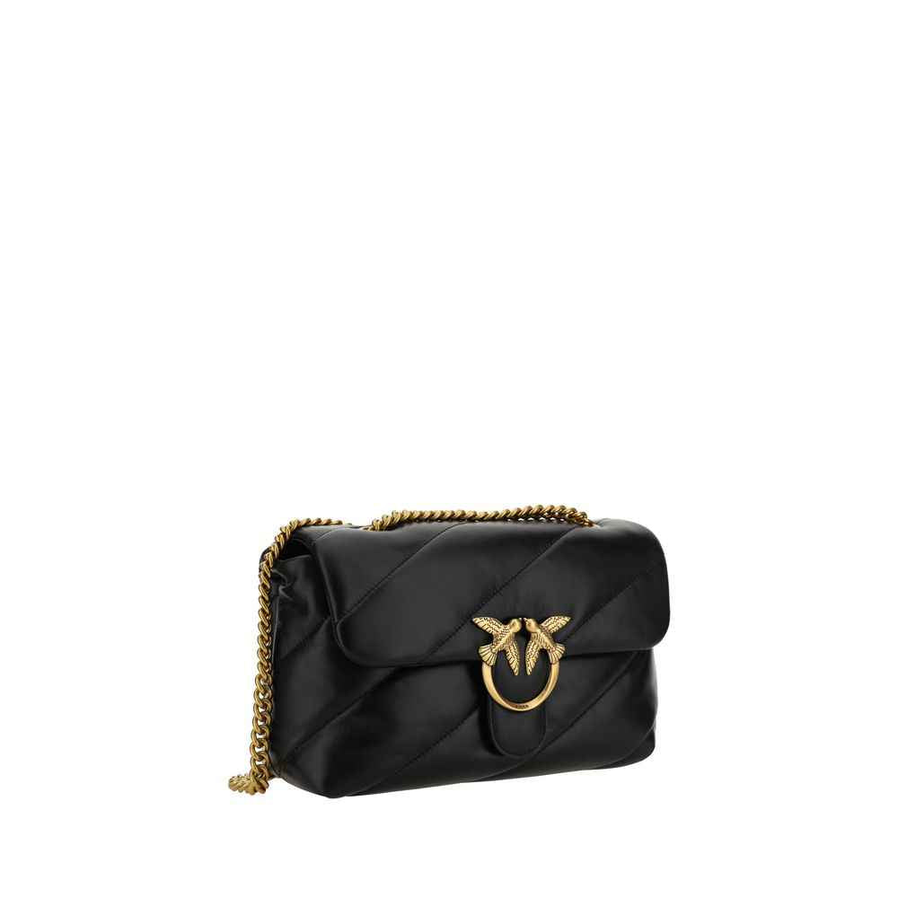 Pinko Love Classic leather shoulder bag, black quilted leather, gold chain, three-quarter front view