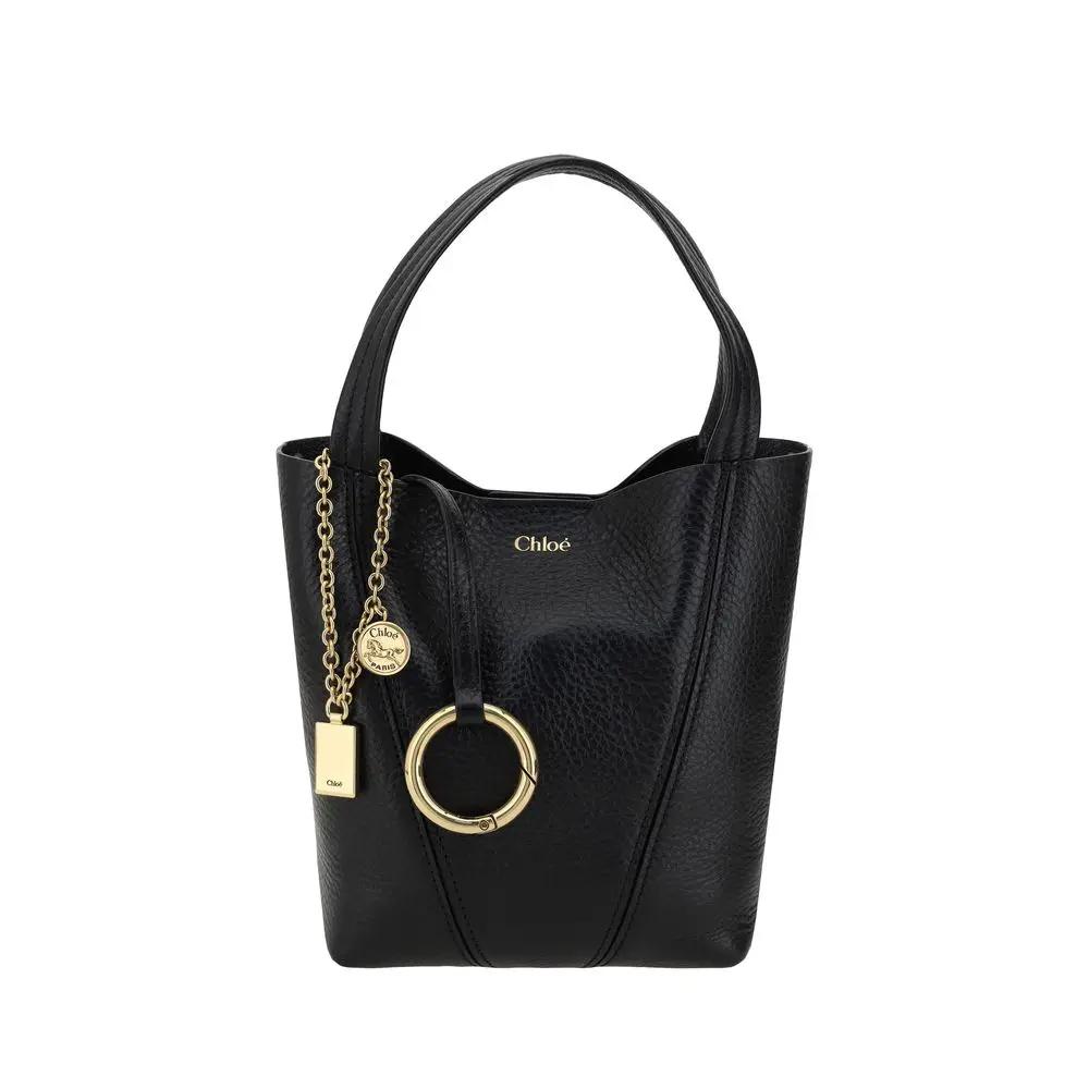 Chloé Spin-Shoulder Bag black pebbled leather, gold hardware, shoulder bag front view