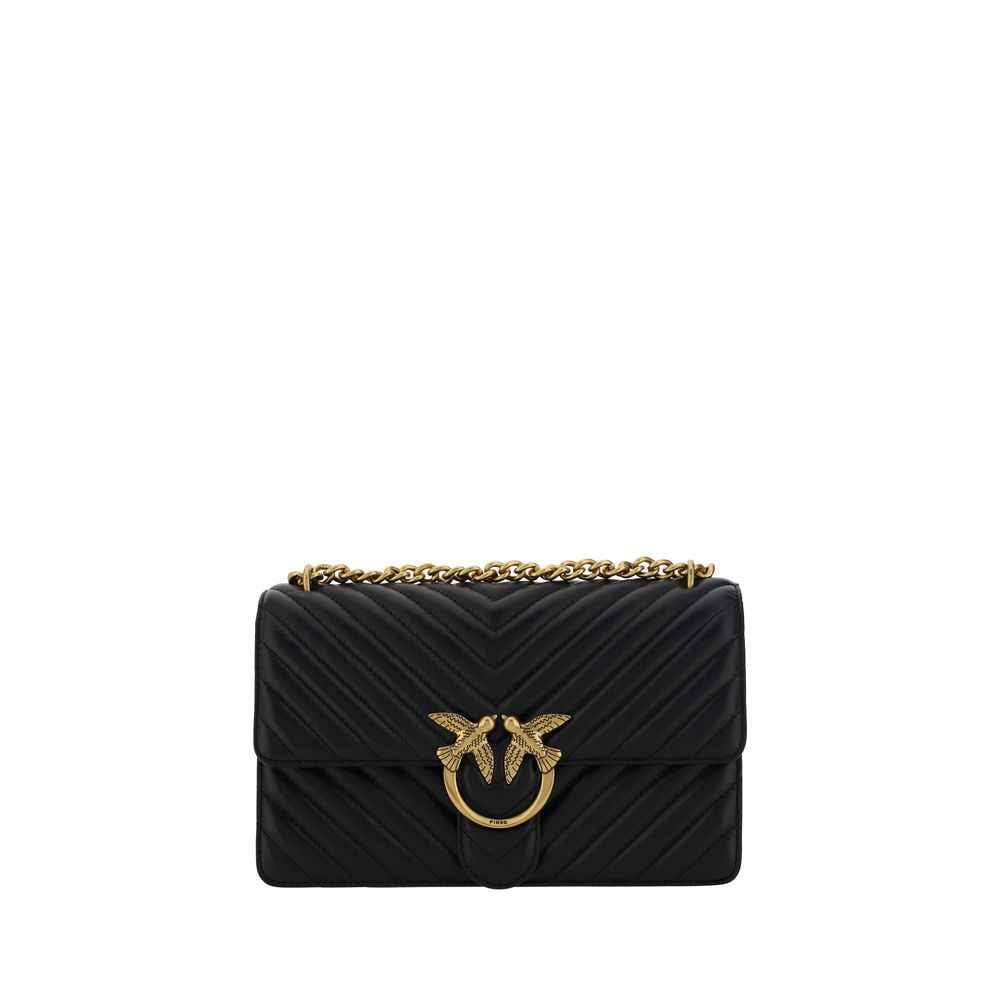 Pinko Love One Classic Leather Shoulder Bag black quilted, gold-tone chain front view