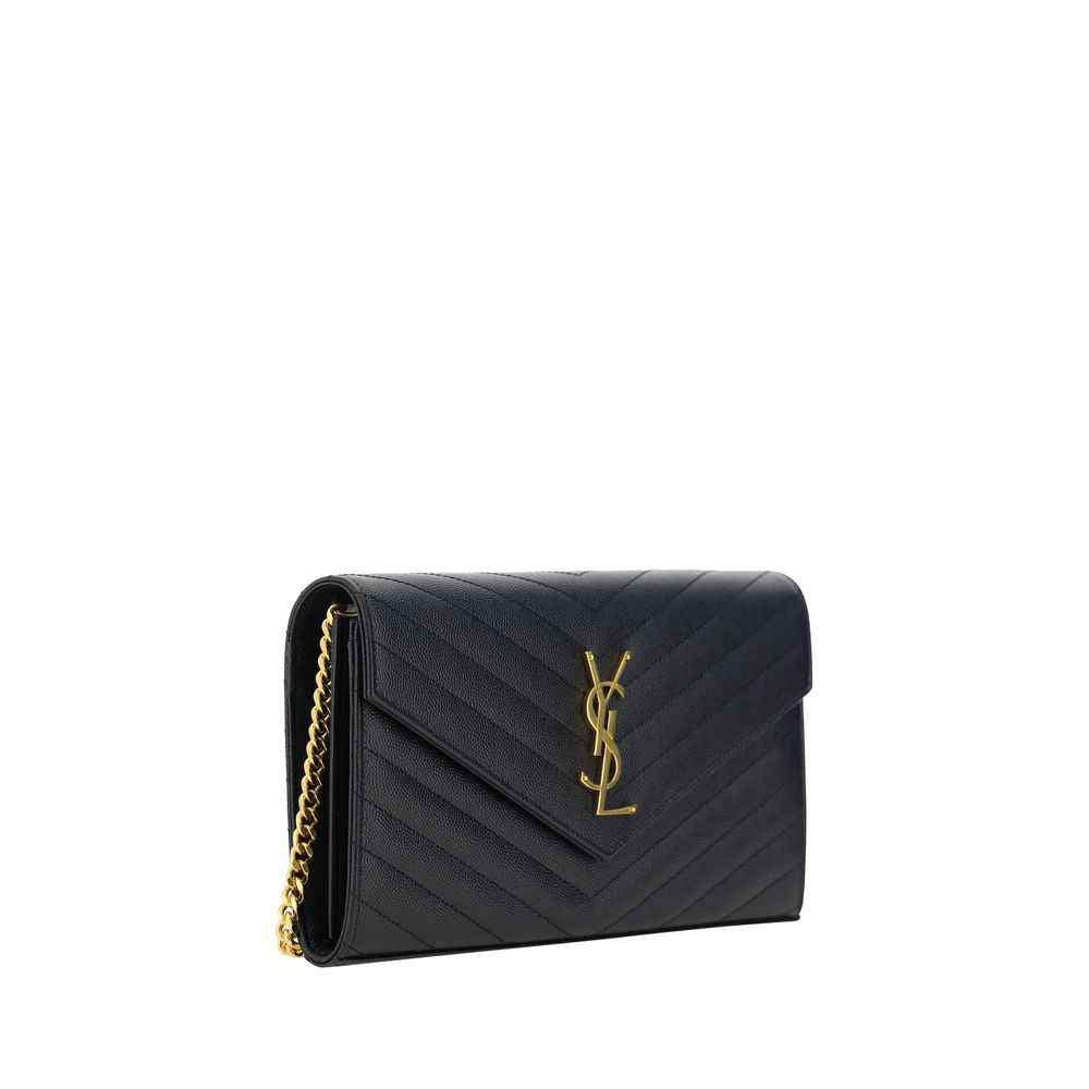 Saint Laurent Monogram Leather Shoulder Bag, black chevron quilting, gold chain, front view