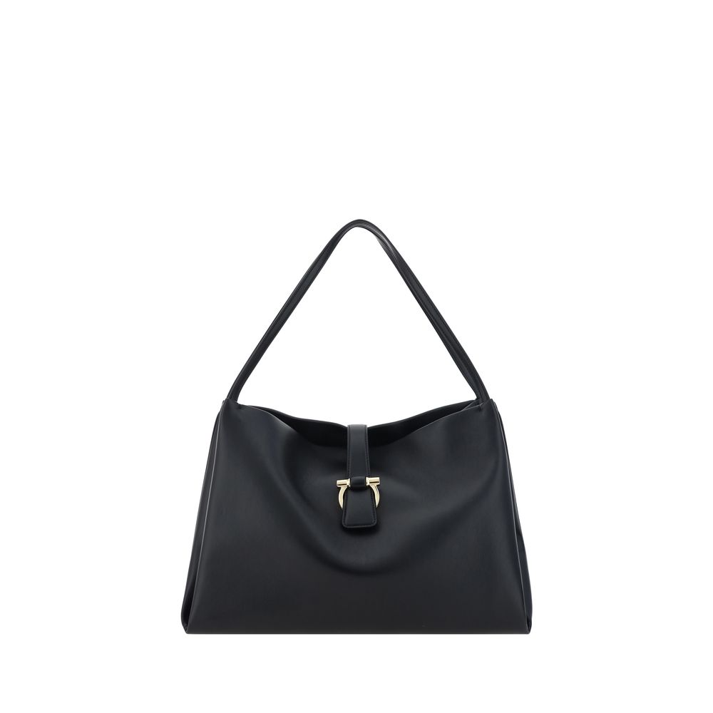 Ferragamo grained black leather tote bag, front view