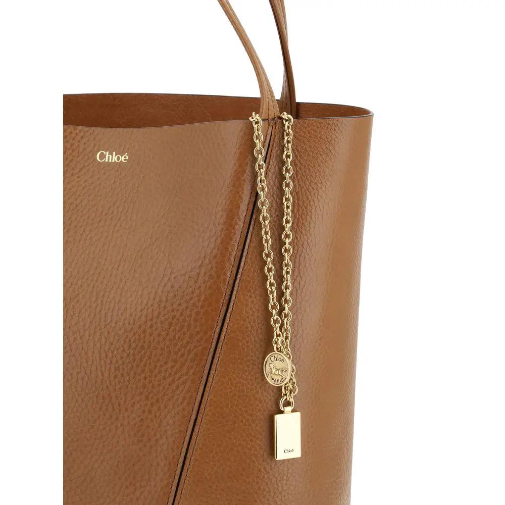 Chloé Spin Shoulder Bag brown pebbled leather, gold chain detail, front view