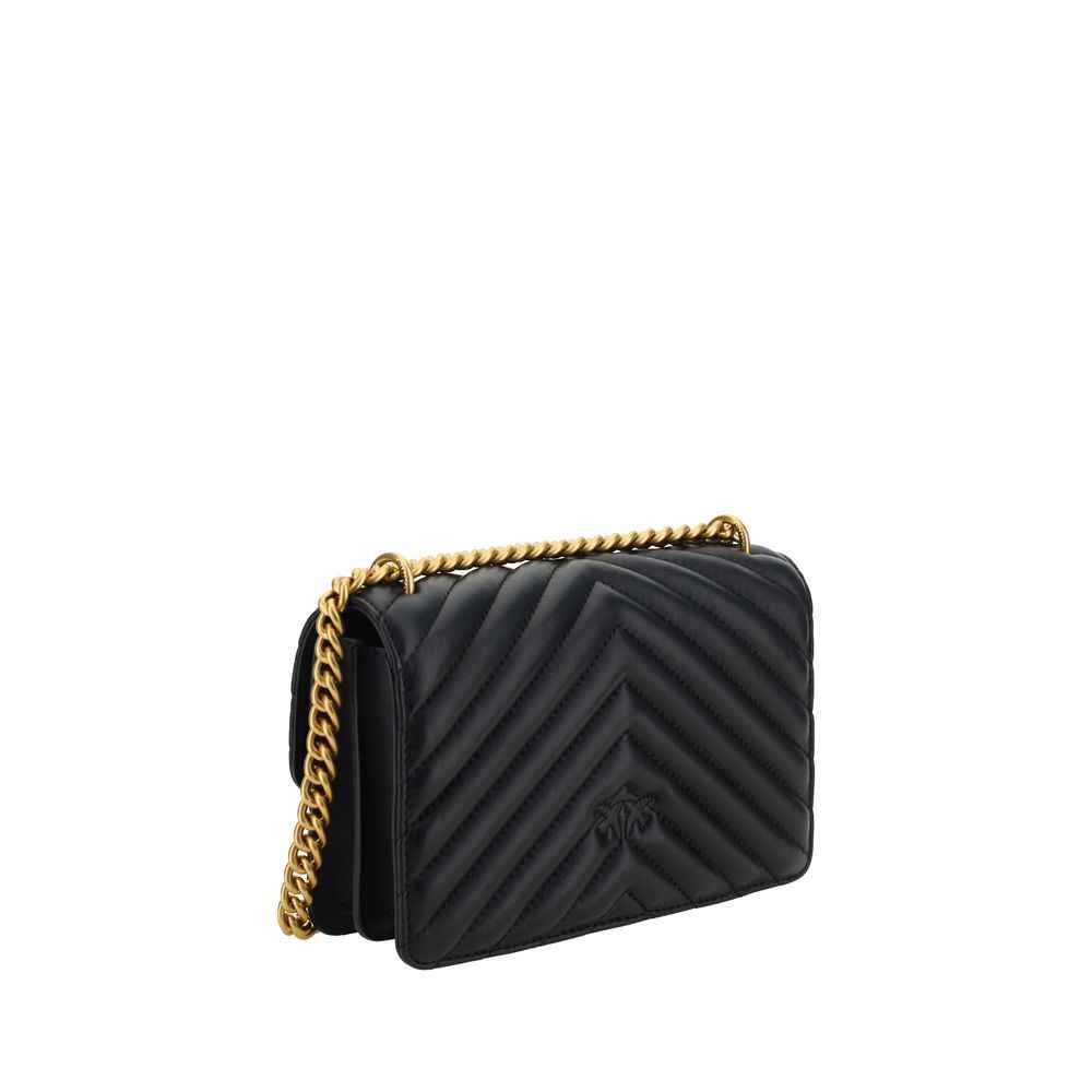 Pinko Mini Love leather shoulder bag in black with a gold chain strap, three-quarter view