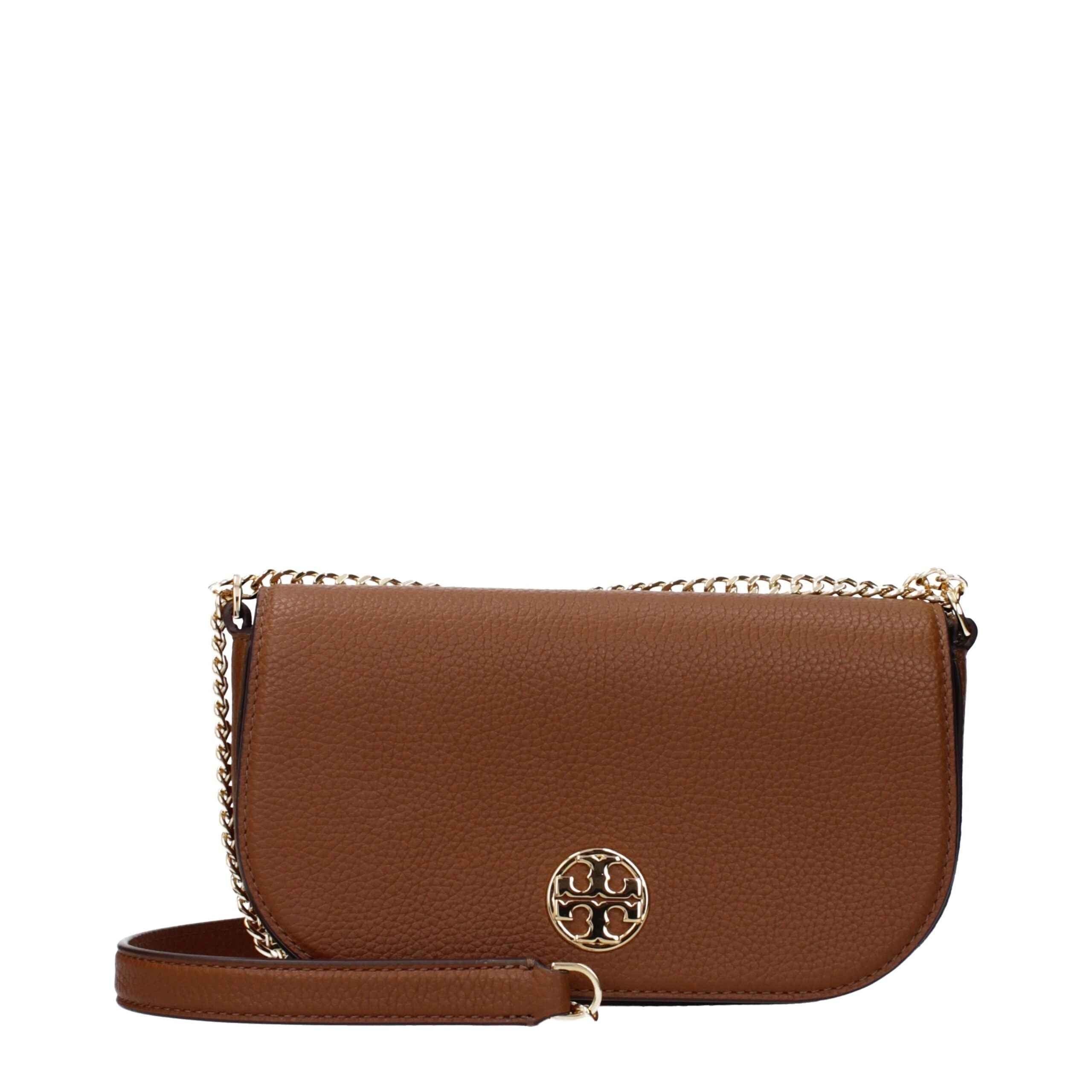 Tory Burch crossbody bag, brown pebbled leather, chain strap, front view.