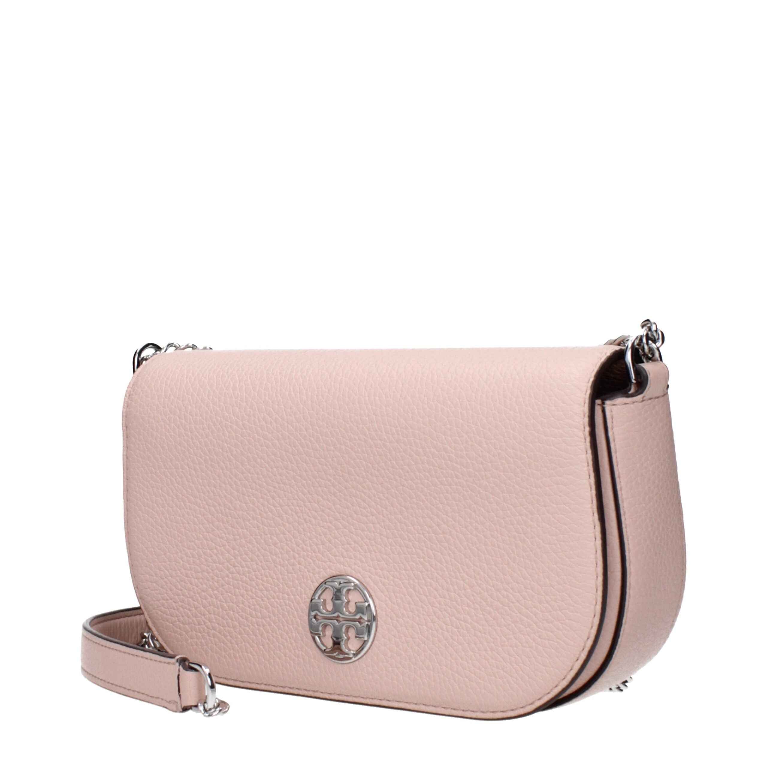 Tory Burch pink leather crossbody bag with logo medallion, front view