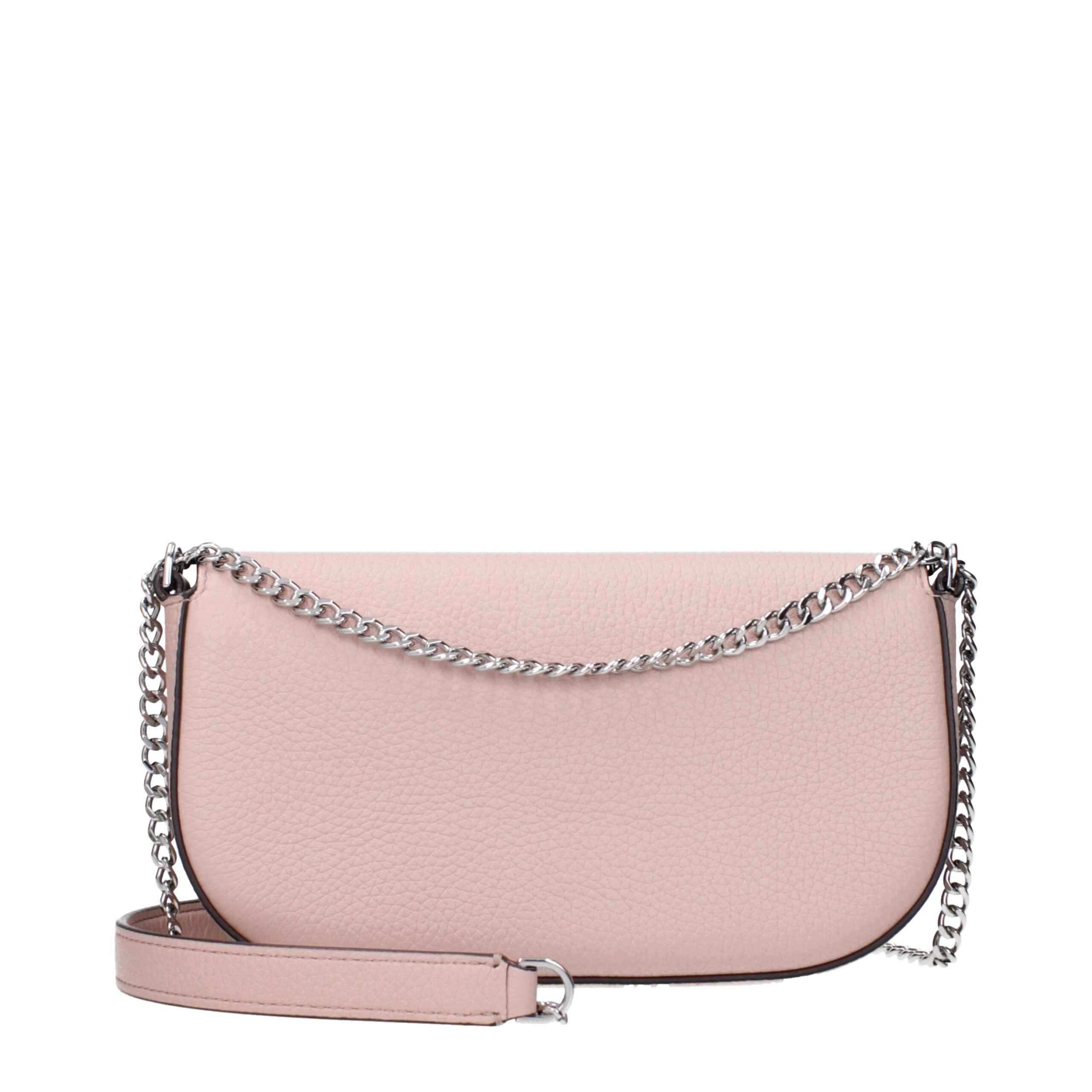 Tory Burch pink pebbled leather crossbody bag with silver chain strap front view