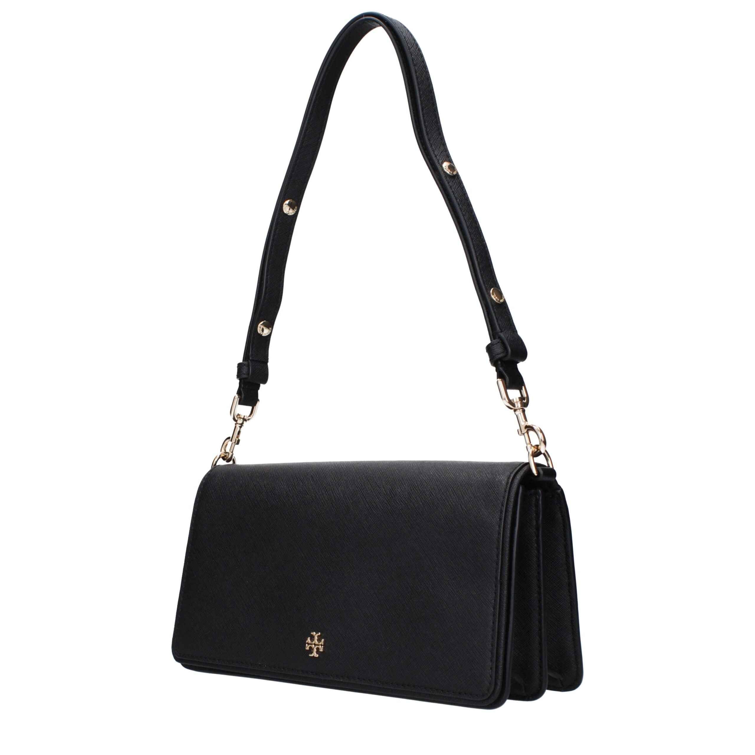 Tory Burch Emerson Shoulder Bag in black leather with gold hardware, front view