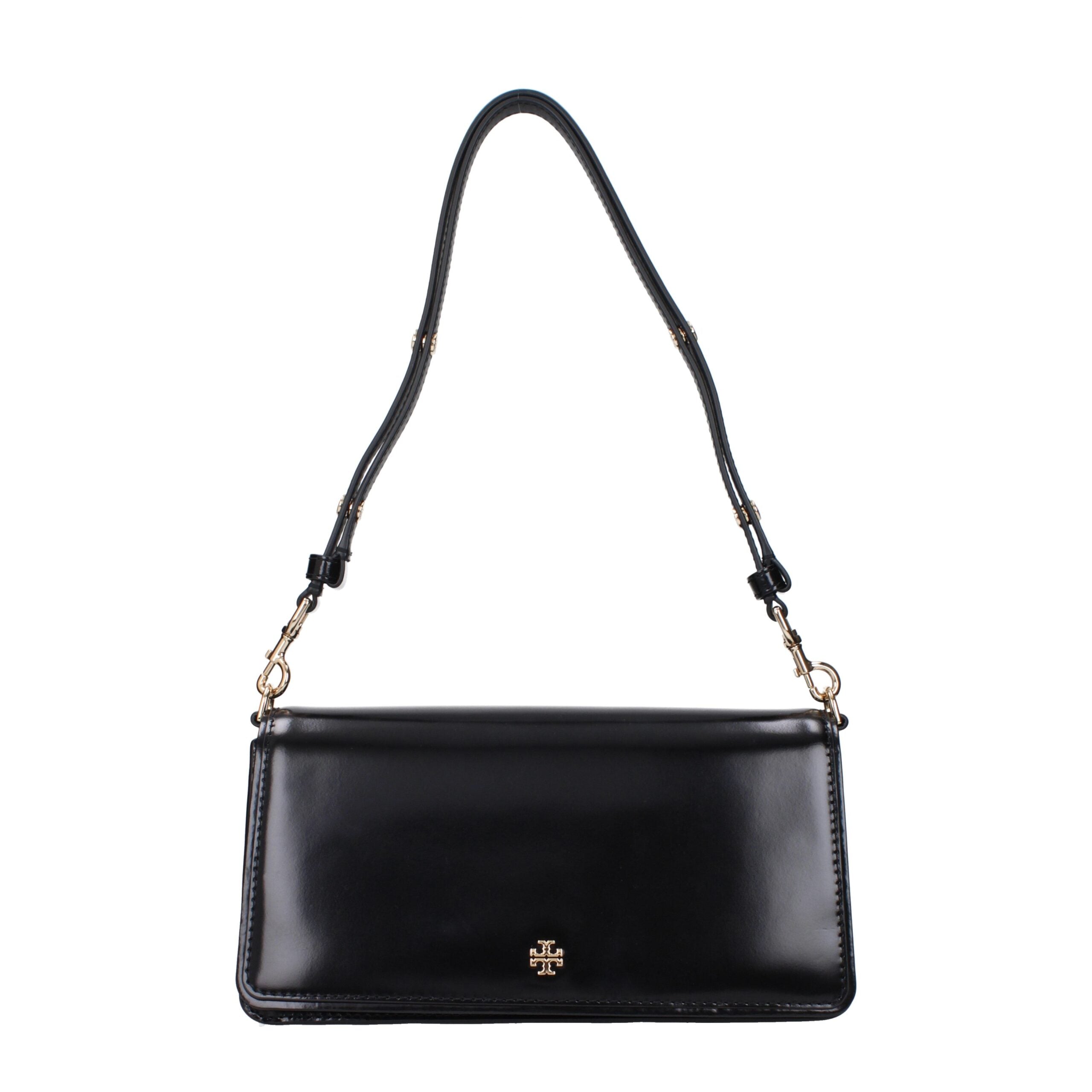 Tory Burch patent leather black shoulder bag with gold hardware front view