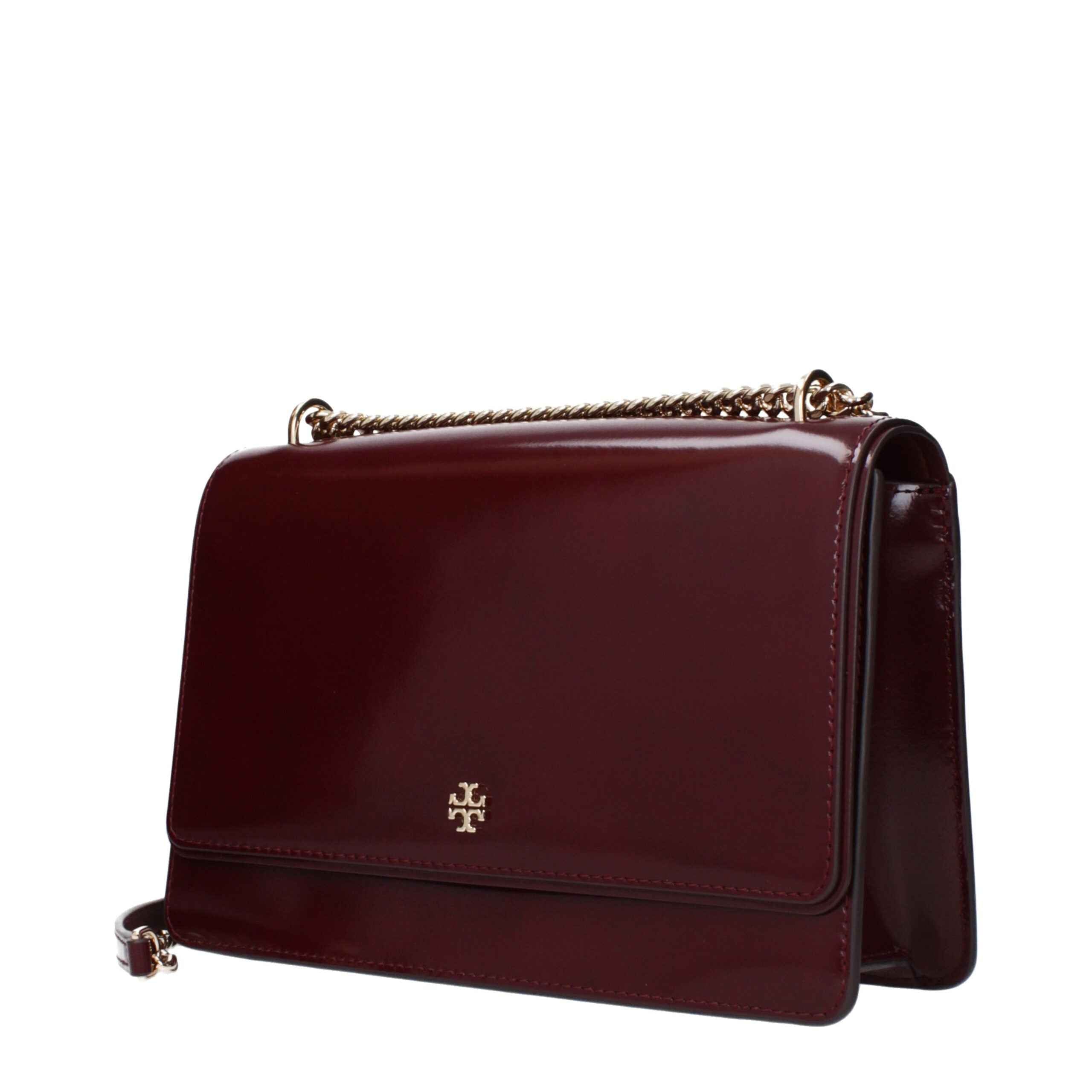 Tory Burch red leather crossbody bag with gold chain strap, front view