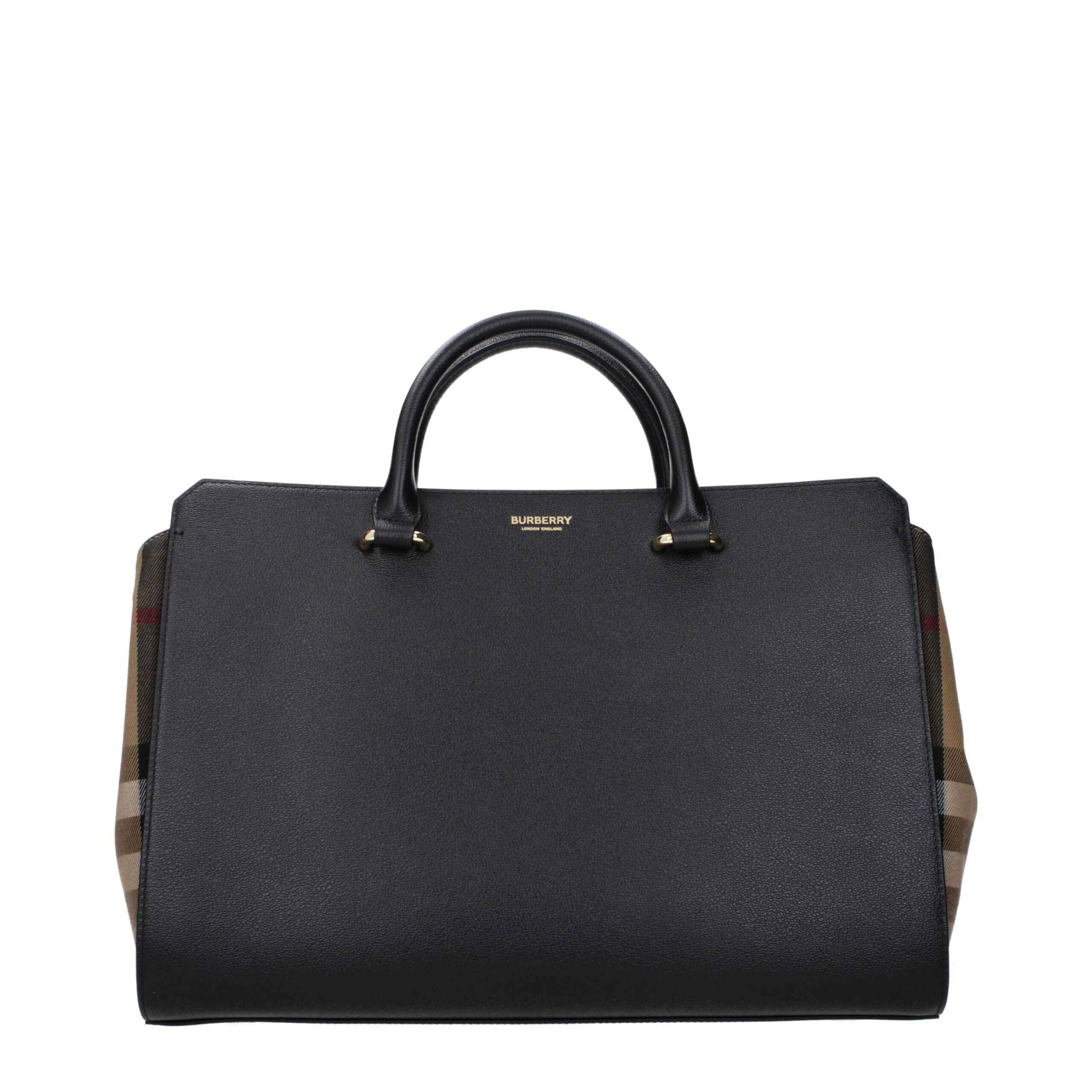 Burberry Medium Knight Bag, black leather satchel with check-pattern side panels, front view